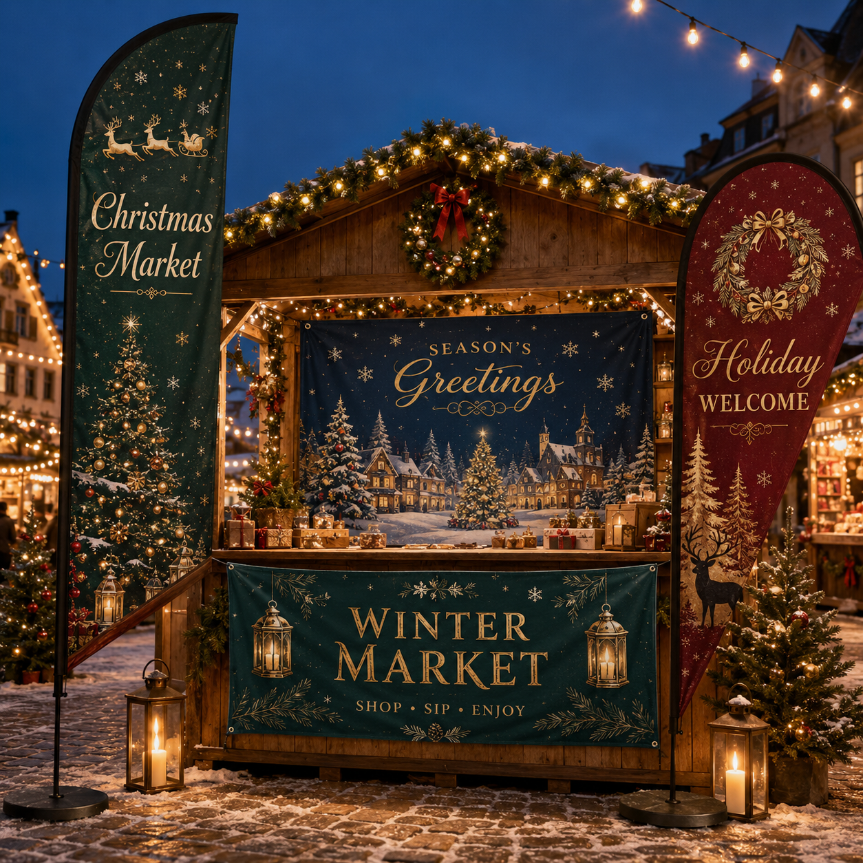 Durable Christmas market flags and banners with vivid printing and reinforced sewing