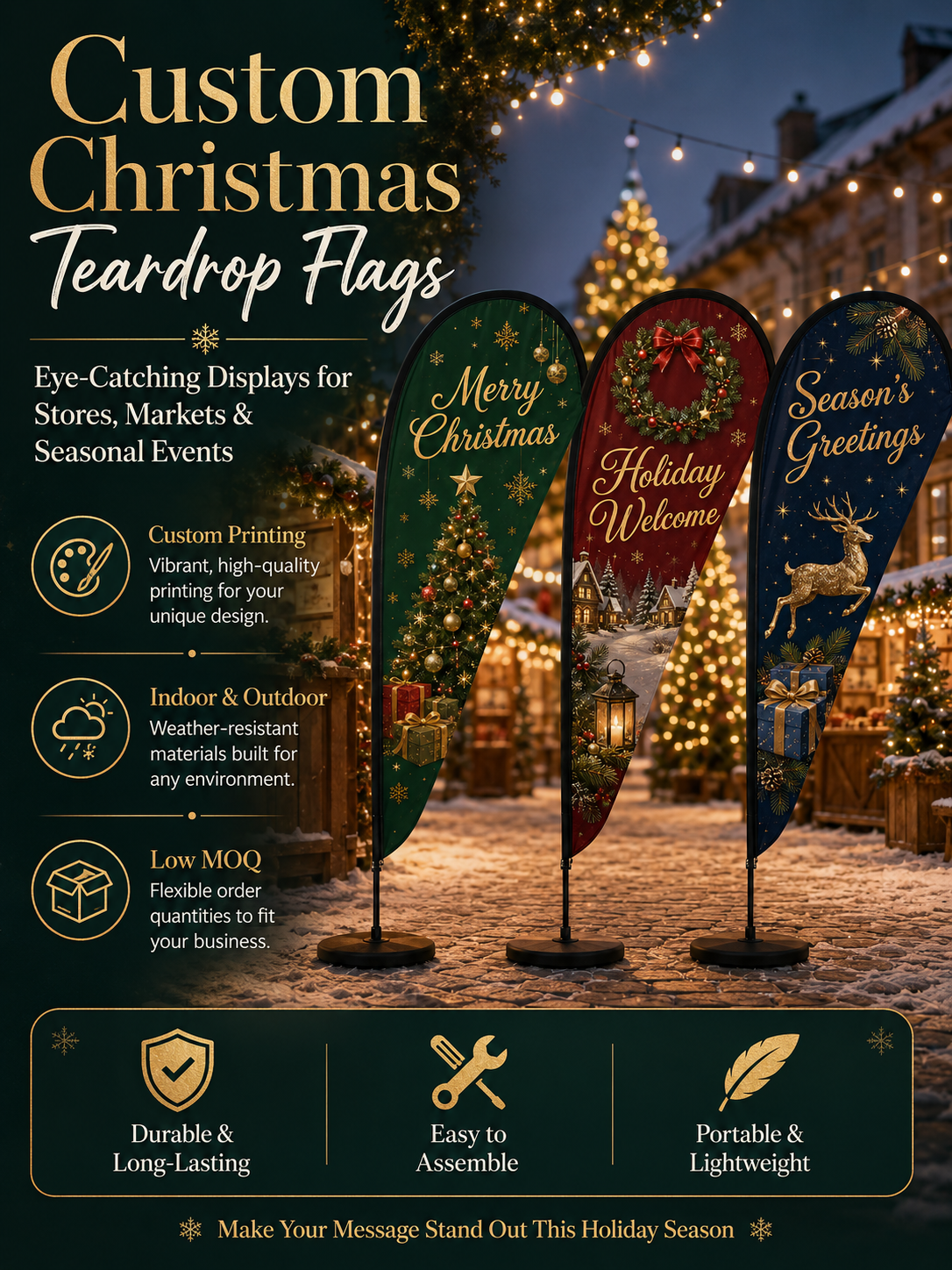 Christmas teardrop flags for retail stores, markets, parties, and holiday events