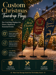 Christmas teardrop flags for retail stores, markets, parties, and holiday events