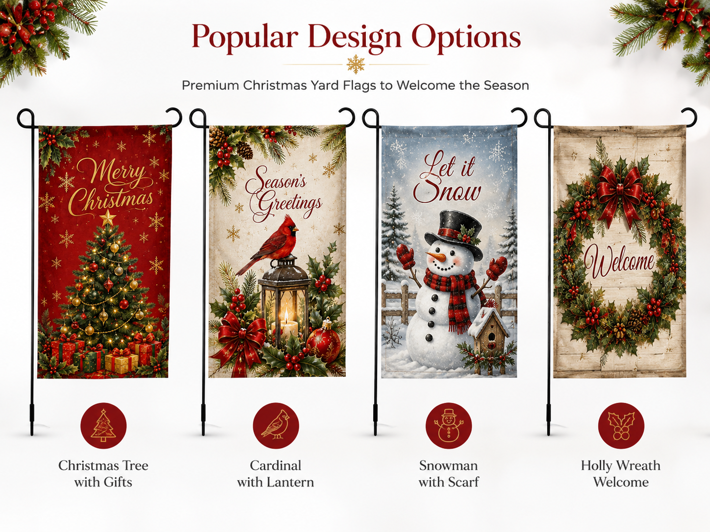 Custom Christmas yard flag designs with trees, wreaths, snowflakes and gifts