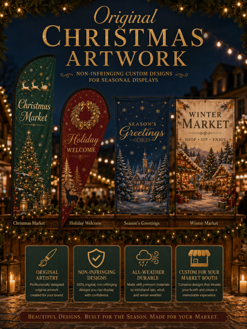 Christmas market display solutions with pole sets bases banner hanging and backdrop support options
