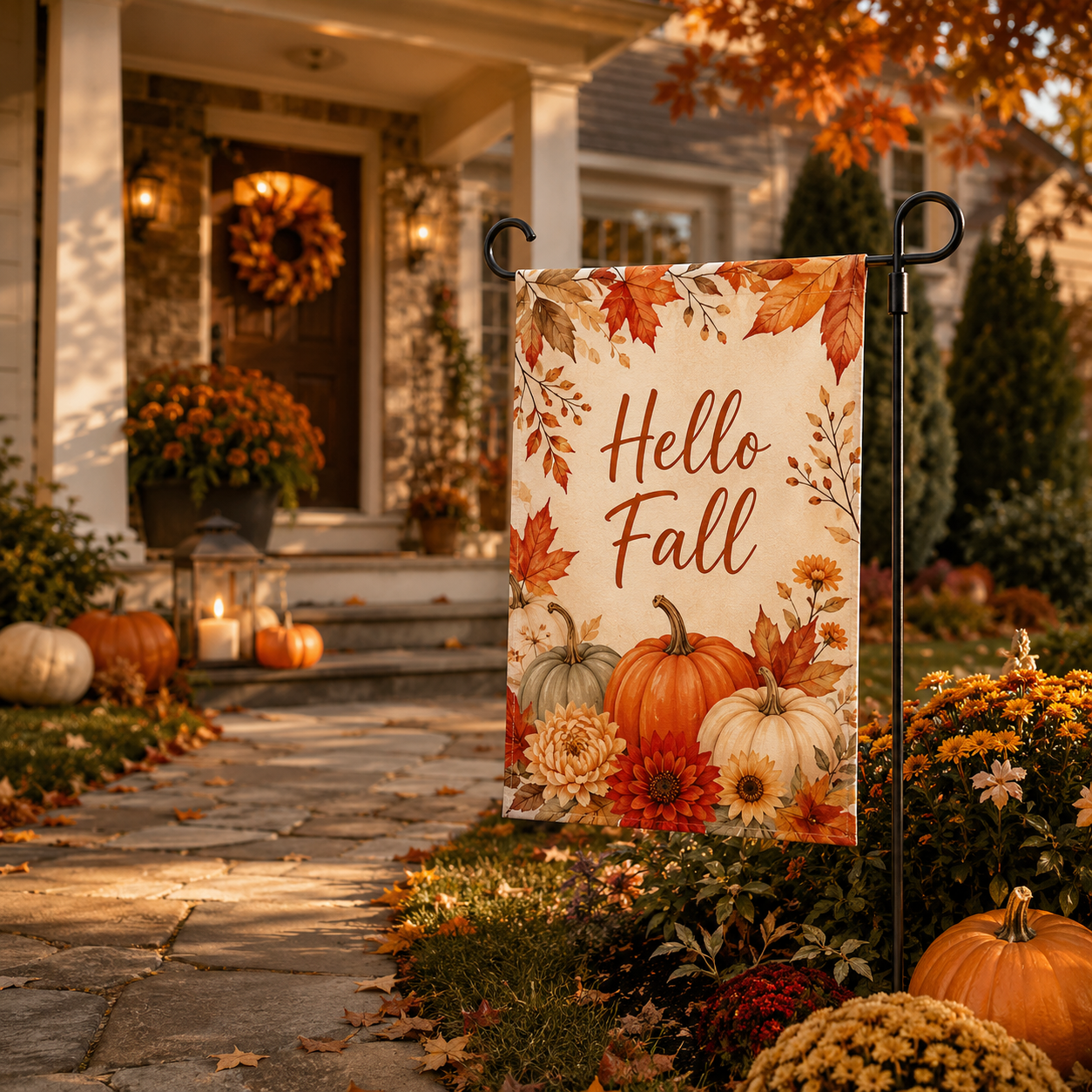 Custom fall yard flags displayed in a warm autumn front yard scene with a simple elegant flag stand.