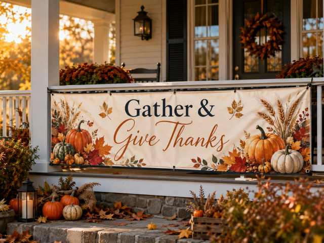 Thanksgiving banner design themes with harvest, give thanks, thankful and blessed, welcome, and personalized family styles.