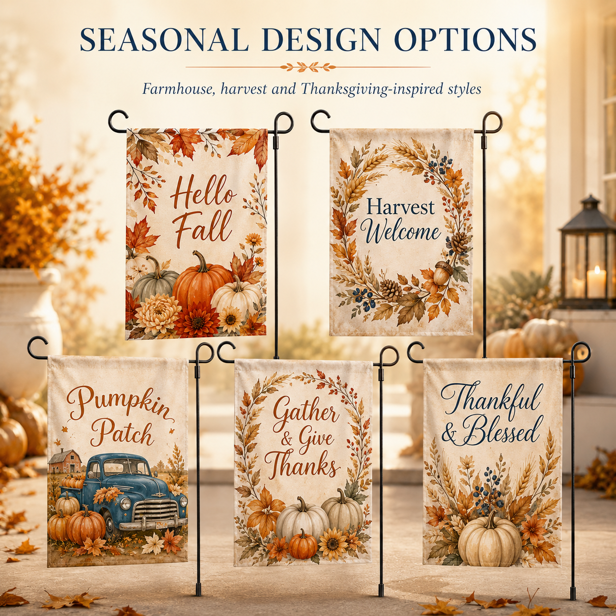Fall yard flags used at home entryways, lawns, farms, pumpkin patches, and harvest themed outdoor events.