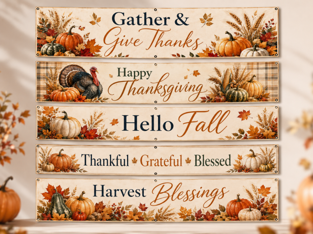 Thanksgiving banner size and structure guide showing common sizes, pole sleeve, single or double-sided options, and stand compatibility.