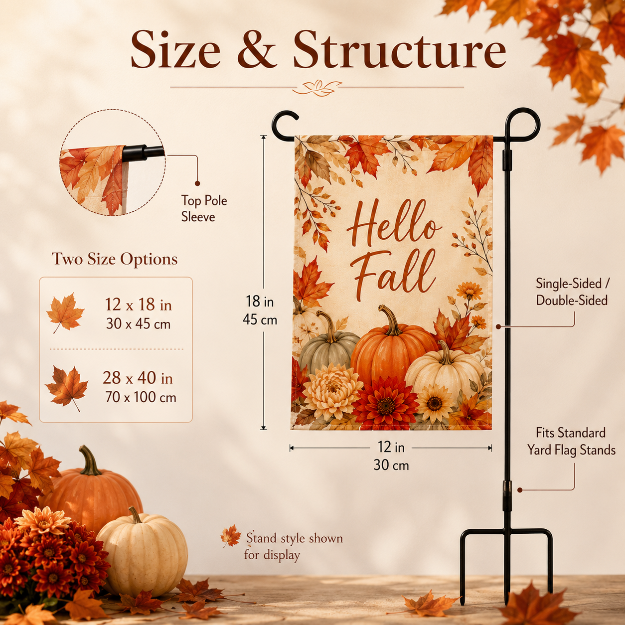 Fall yard flags size and structure guide showing dimensions, sleeve position, single or double sided options, and stand compatibility.
