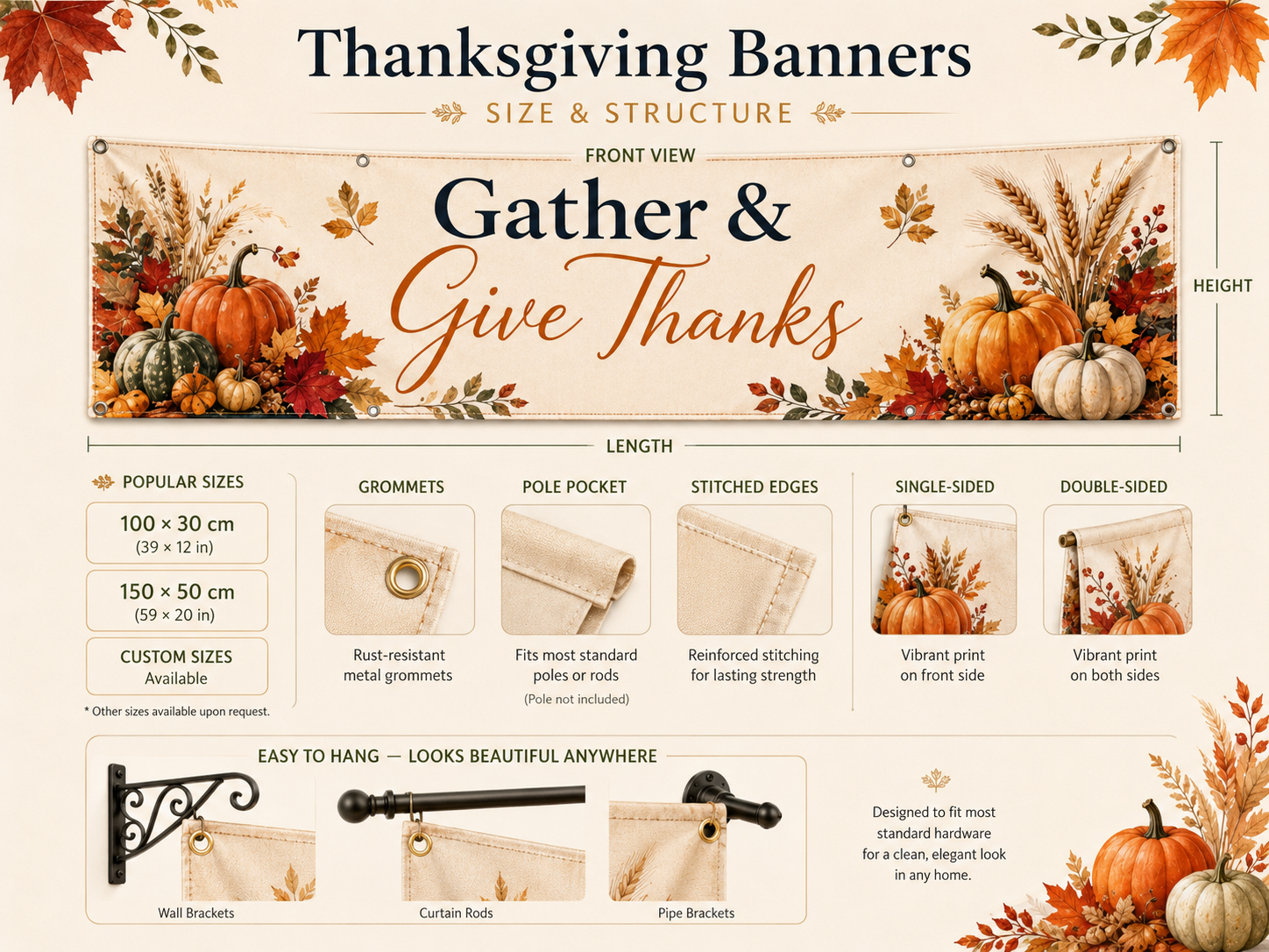 Thanksgiving banner fabric options showing polyester, spun polyester, linen-look fabric, and optional double-sided material.