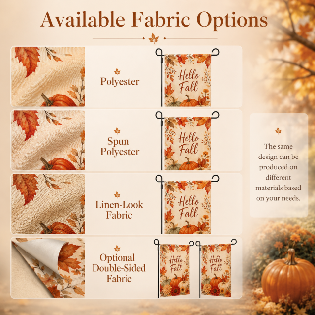Fall yard flags material options showing different fabric choices for seasonal outdoor display and custom production.