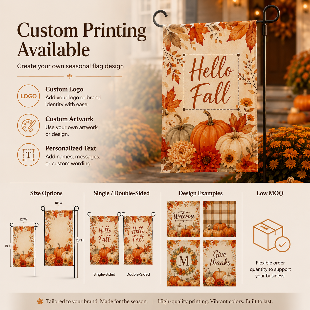 Different fall yard flag design themes featuring harvest, pumpkins, leaves, farmhouse, and thankful seasonal styles.