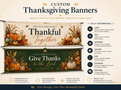 Custom Thanksgiving banner displayed on a simple black metal stand in a warm autumn porch scene.