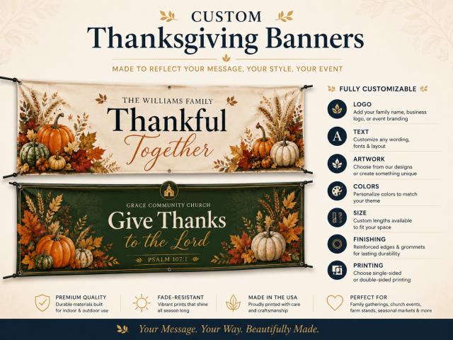 Custom Thanksgiving banner displayed on a simple black metal stand in a warm autumn porch scene.