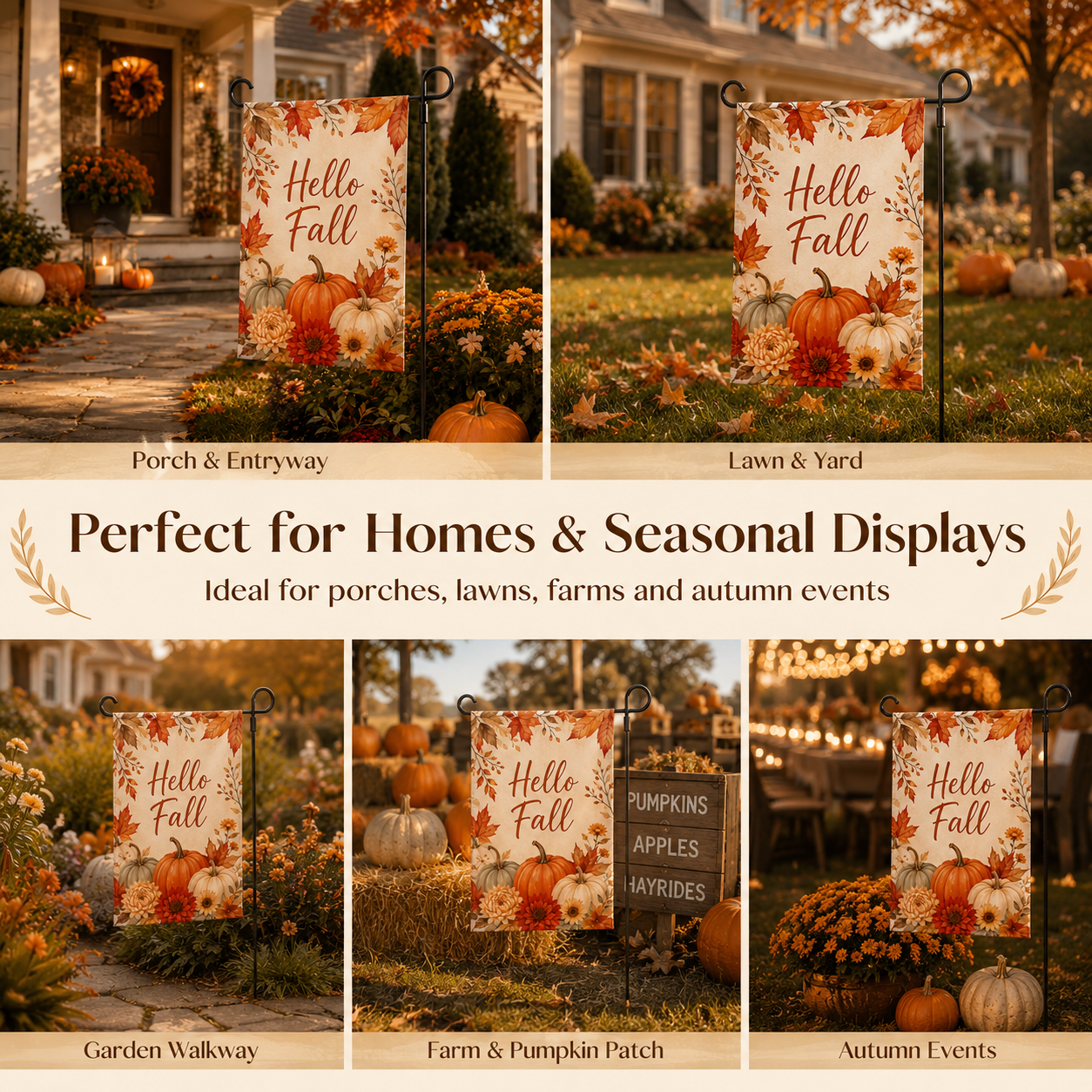 Custom fall yard flags with personalized logo, message, artwork, size, and printing options for seasonal decoration and branding.