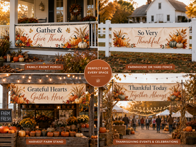 Custom Thanksgiving banners with logo, family name, personalized message, artwork, custom size, and single or double-sided printing options.