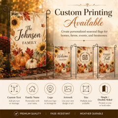 Custom Fall Harvest garden flags with personalized text, family name, logo, artwork, size and single or double-sided printing options