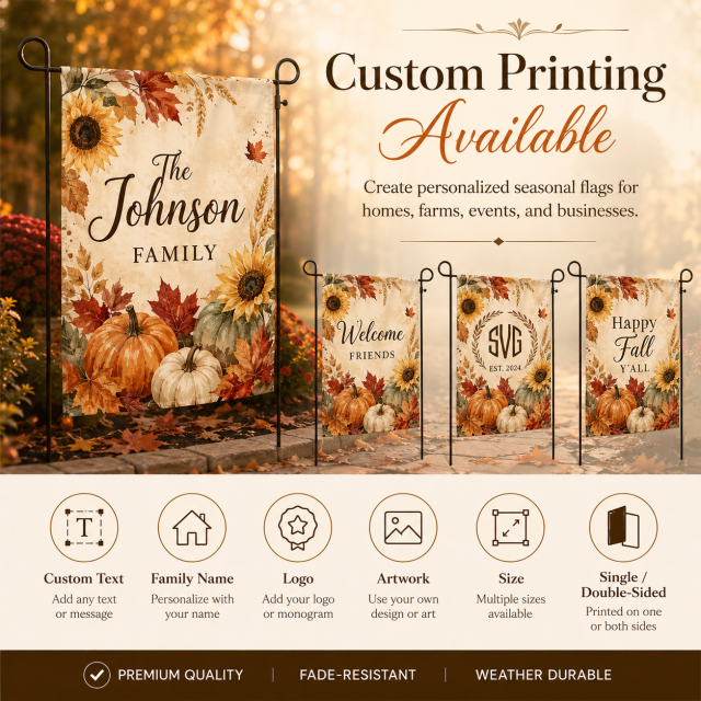 Custom Fall Harvest garden flags with personalized text, family name, logo, artwork, size and single or double-sided printing options