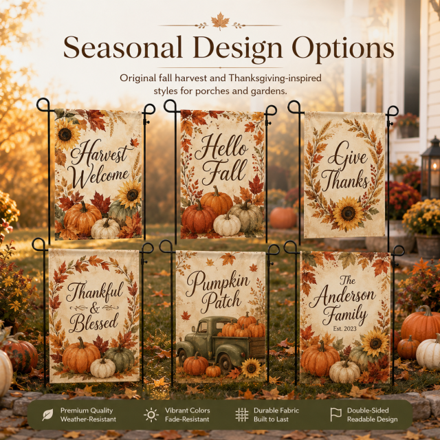 Fall Harvest garden flags for home entrance, garden path, farmhouse porch, pumpkin patch, farm stand and holiday gatherings