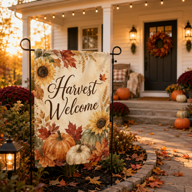 Custom Fall Harvest garden flag displayed in a warm autumn porch and front yard setting with pumpkins, leaves and golden light