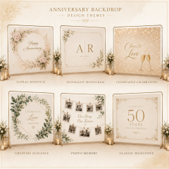 Anniversary backdrop size and structure guide showing common sizes, top pocket, hemmed edges, optional grommets, and stand compatibility.