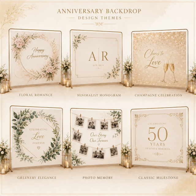 Anniversary backdrop size and structure guide showing common sizes, top pocket, hemmed edges, optional grommets, and stand compatibility.