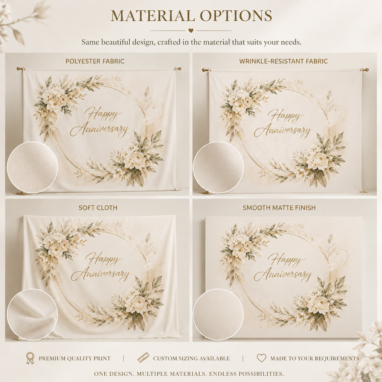 Anniversary backdrops used for home celebrations, backyard dinners, vow renewals, restaurant banquets, and family photo booths.