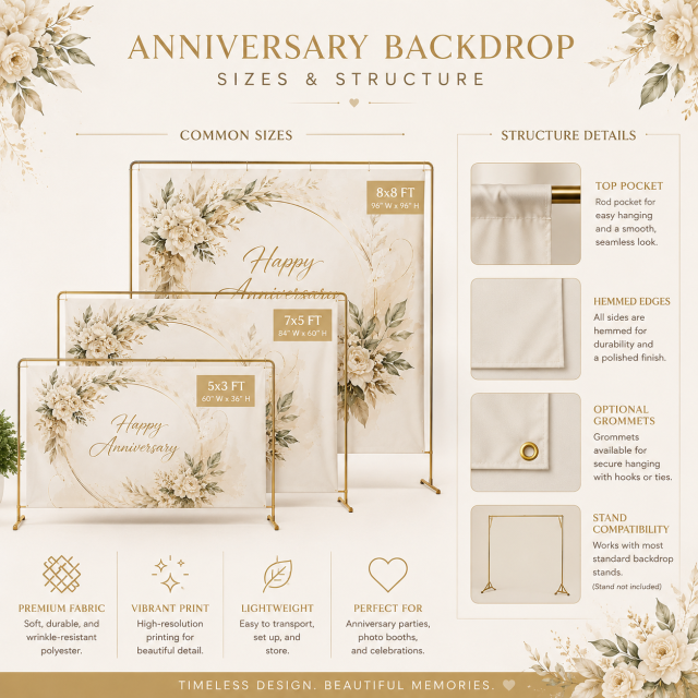 Custom anniversary backdrop displayed in an elegant warm indoor celebration scene with a simple gold stand.