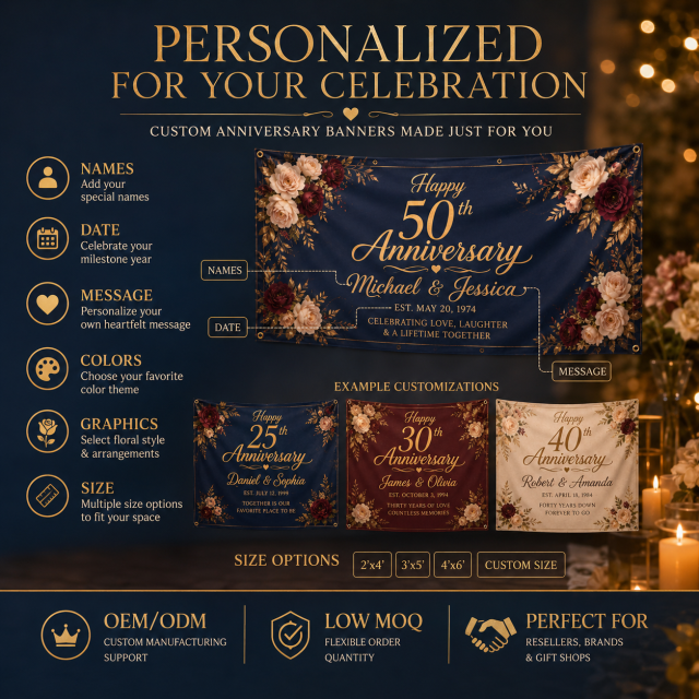Elegant anniversary banner design themes including navy gold burgundy floral champagne neutral and milestone anniversary styles