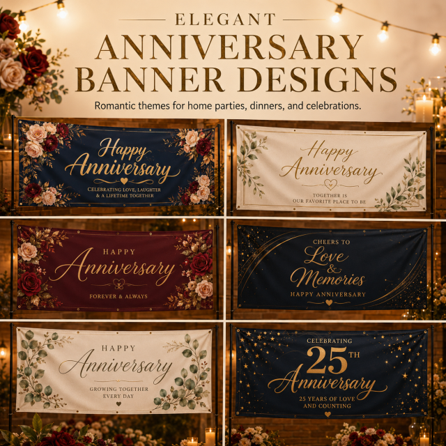 Anniversary banners available in different material options including polyester blockout satin look and vinyl banner fabric