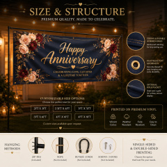Custom anniversary banner displayed in an elegant warm outdoor dinner party scene with simple black support stand and romantic lighting