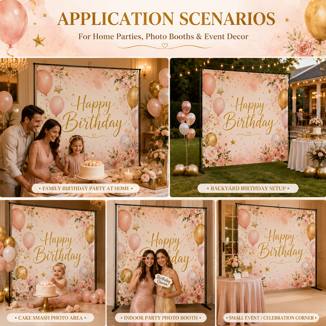 Custom birthday party backdrops with personalized name, age, text, artwork, colors, size, and stand options