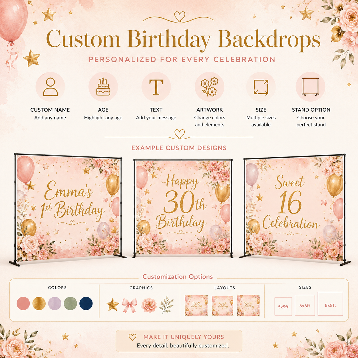 Birthday party backdrop size and structure guide showing backdrop dimensions, top sleeve, grommets, optional stand, and display setup