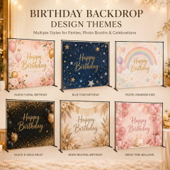 Birthday party backdrop size and structure guide showing backdrop dimensions, top sleeve, grommets, optional stand, and display setup