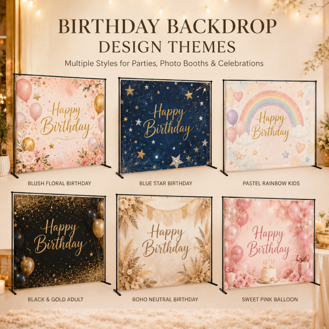 Birthday party backdrop size and structure guide showing backdrop dimensions, top sleeve, grommets, optional stand, and display setup