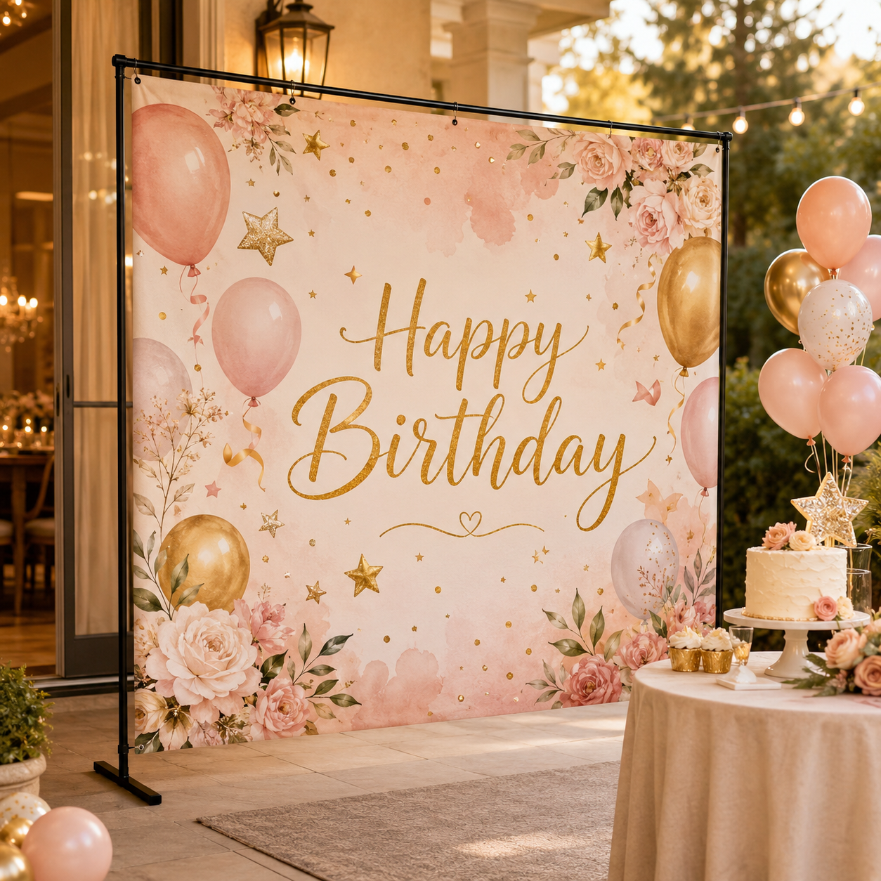 Custom birthday party backdrop displayed in a warm outdoor celebration scene with a simple black stand and elegant balloon decor