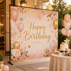 Custom birthday party backdrop displayed in a warm outdoor celebration scene with a simple black stand and elegant balloon decor