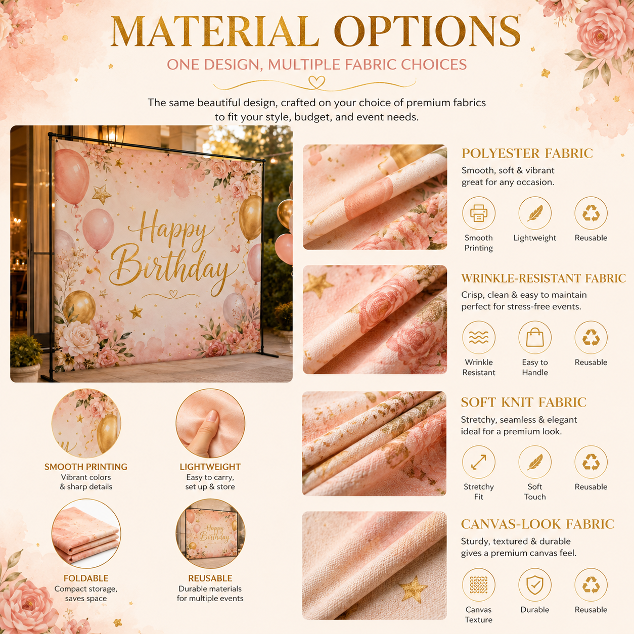 Birthday party backdrop design themes including blush floral, navy star, pastel rainbow, black gold, boho neutral, and pink balloon styles