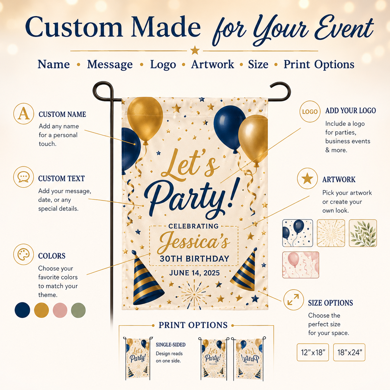 Custom party garden flag displayed in a warm front porch celebration scene with a simple black garden flag stand
