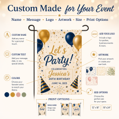Custom party garden flag displayed in a warm front porch celebration scene with a simple black garden flag stand