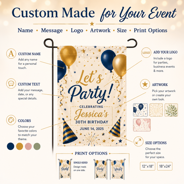 Custom party garden flag displayed in a warm front porch celebration scene with a simple black garden flag stand