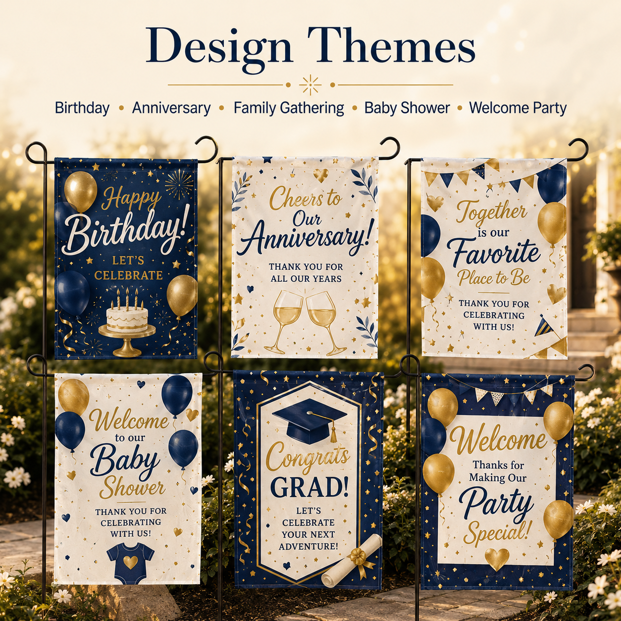 Custom party garden flags with personalized name message logo artwork size colors and print options