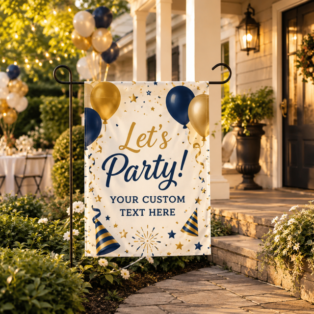Custom party garden flag size and structure guide showing 12 by 18 inch size top sleeve single double sided printing and pole compatibility