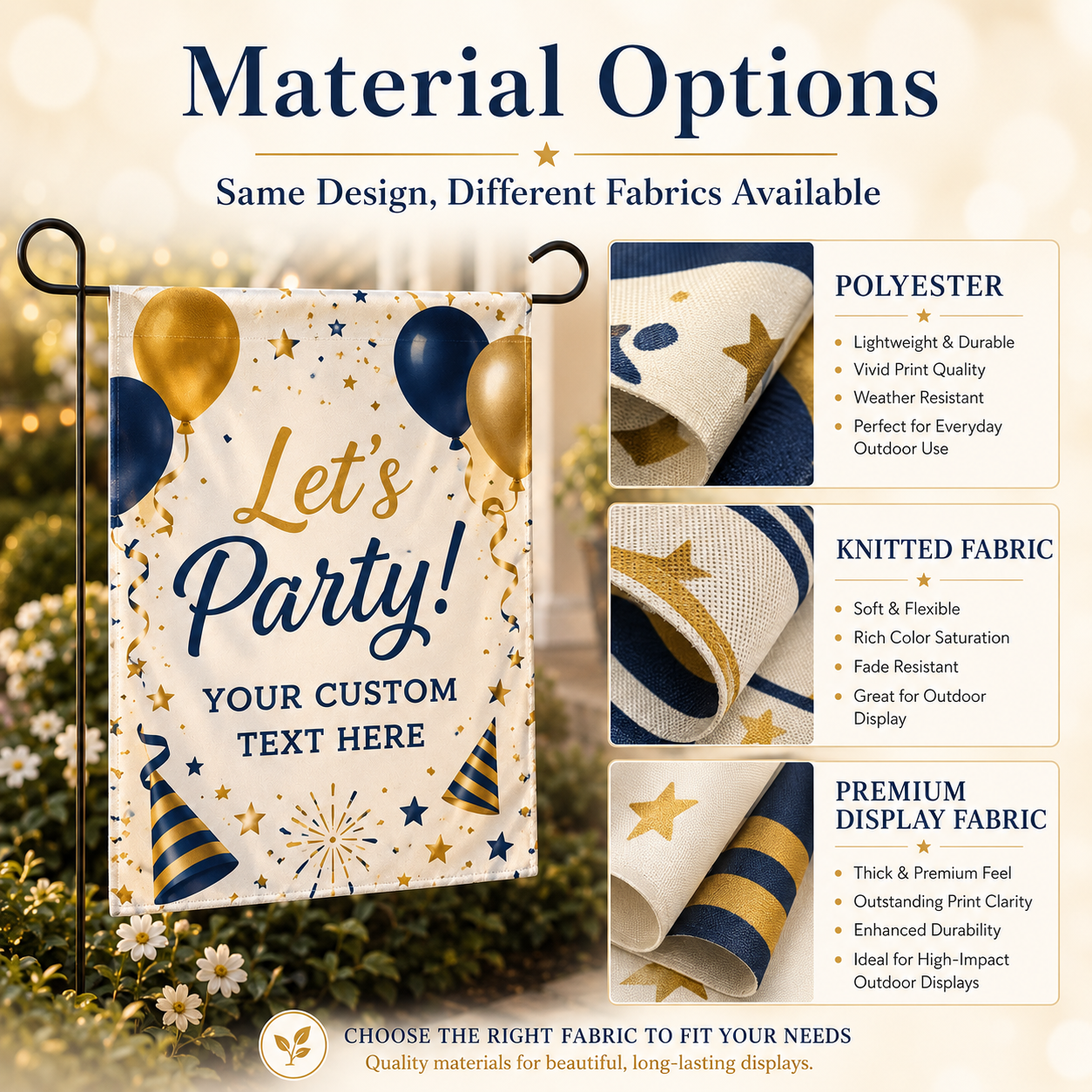 Custom party garden flags used for front doors gardens backyard parties farmhouse celebrations and event entrances