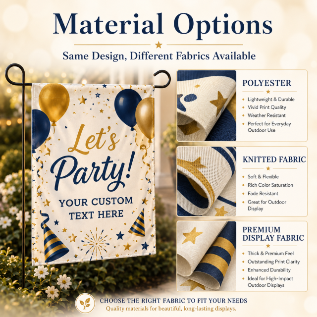 Custom party garden flags used for front doors gardens backyard parties farmhouse celebrations and event entrances