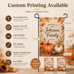 Thanksgiving garden flag design themes with Give Thanks, Thankful and Blessed, Harvest Welcome and pumpkin artwork