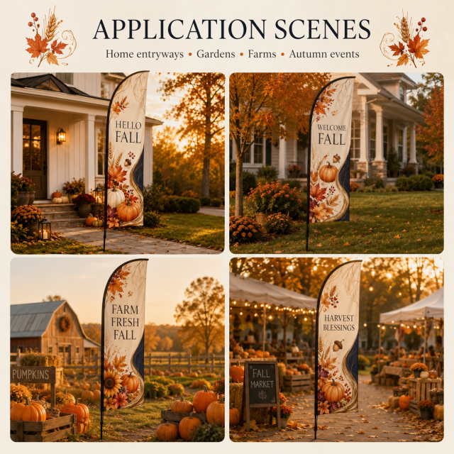 Fall harvest feather flags used for storefronts farm markets festivals walkways and autumn event displays