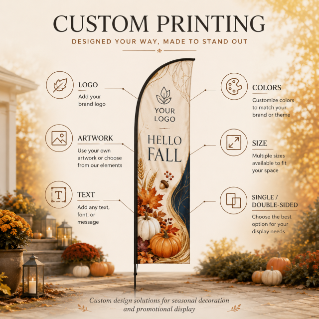 Custom fall harvest feather flags with logo text artwork size and seasonal message customization