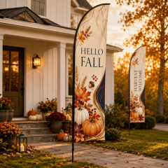 Multiple fall harvest feather flag design themes including pumpkins leaves farmhouse harvest and Thanksgiving styles