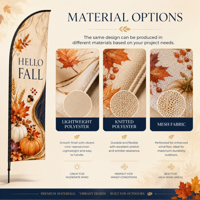 Fall harvest feather flags available in different fabric materials for custom seasonal display production