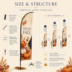 Custom fall harvest feather flags displayed in a warm outdoor seasonal scene with a simple elegant stand