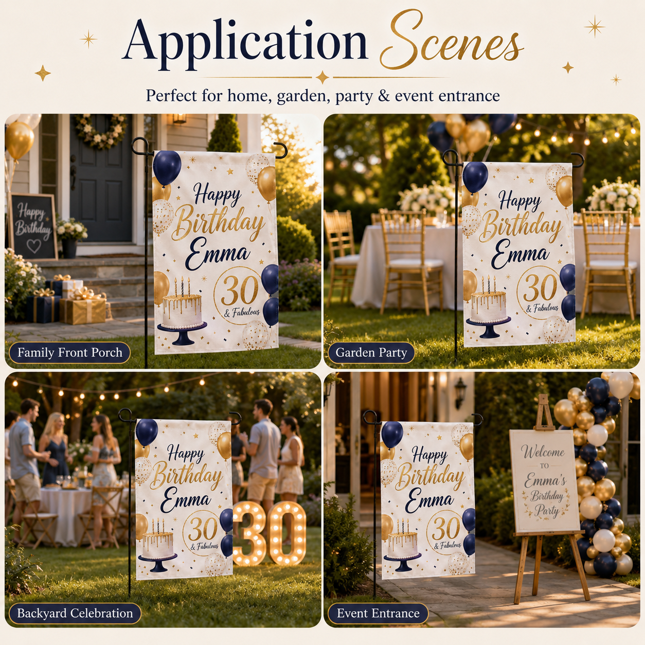 Custom birthday garden flags with personalized names, ages, photos, logo, message, and artwork options