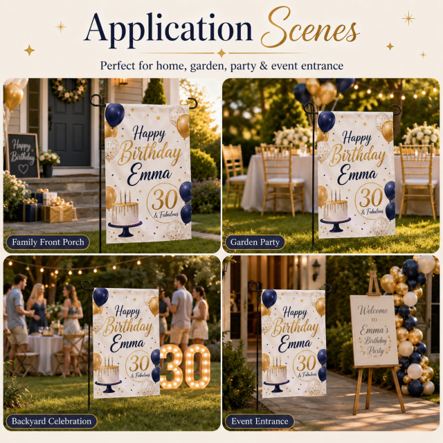 Custom birthday garden flags with personalized names, ages, photos, logo, message, and artwork options